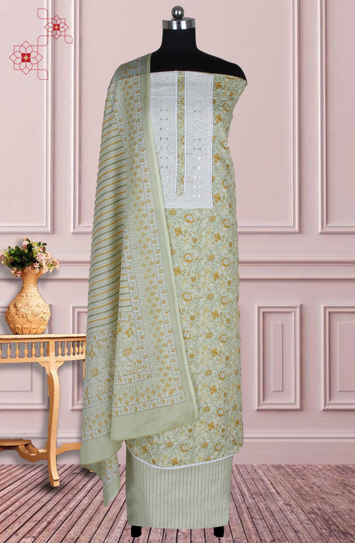 Green Cotton Printed Salwar Suit Fabric with Dupatta - 983-5026C
