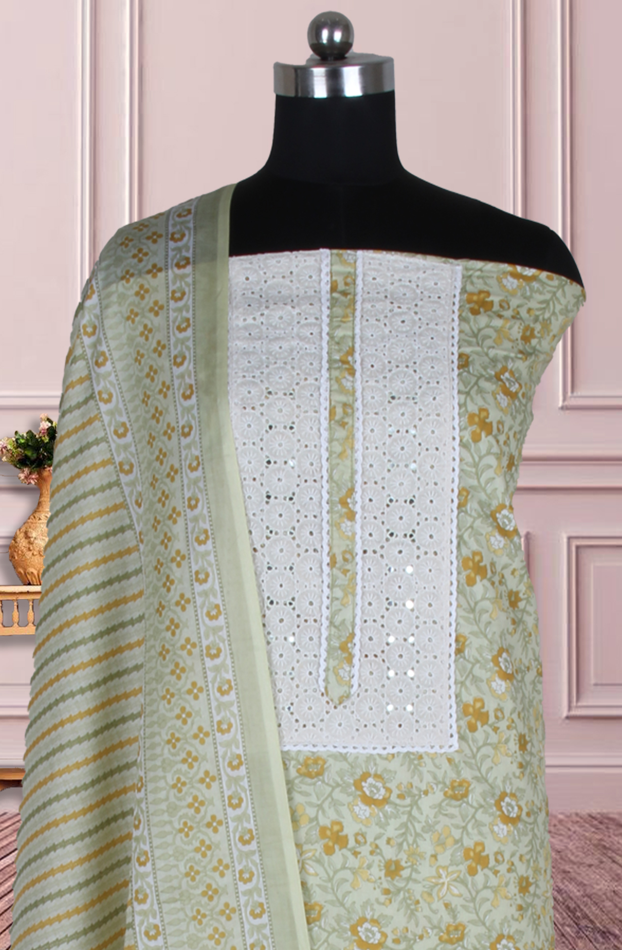 Green Cotton Printed Salwar Suit Fabric with Dupatta - 983-5026C