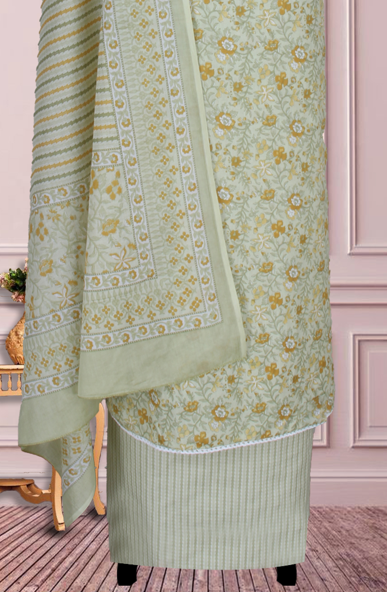 Green Cotton Printed Salwar Suit Fabric with Dupatta - 983-5026C