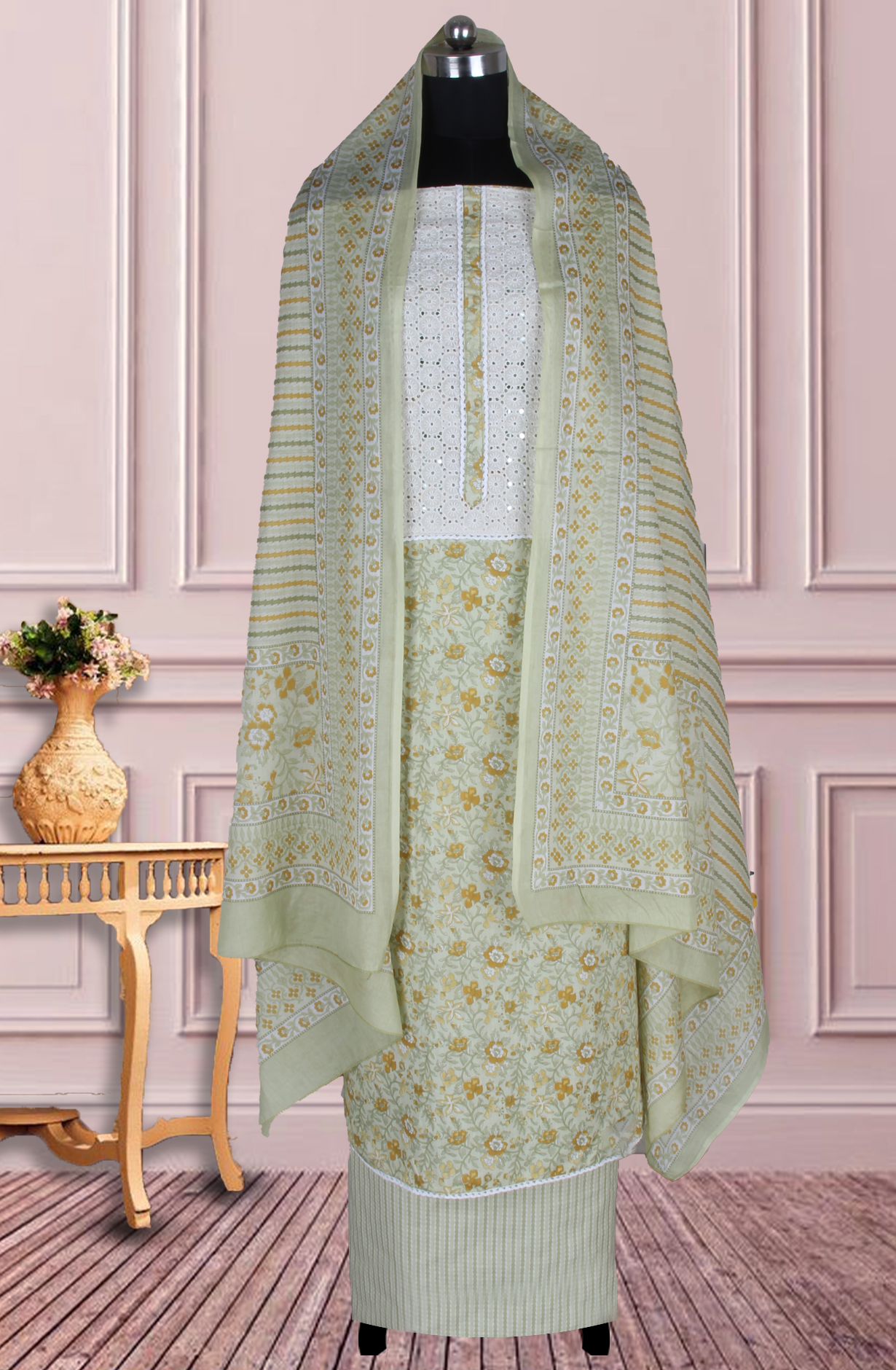 Green Cotton Printed Salwar Suit Fabric with Dupatta - 983-5026C