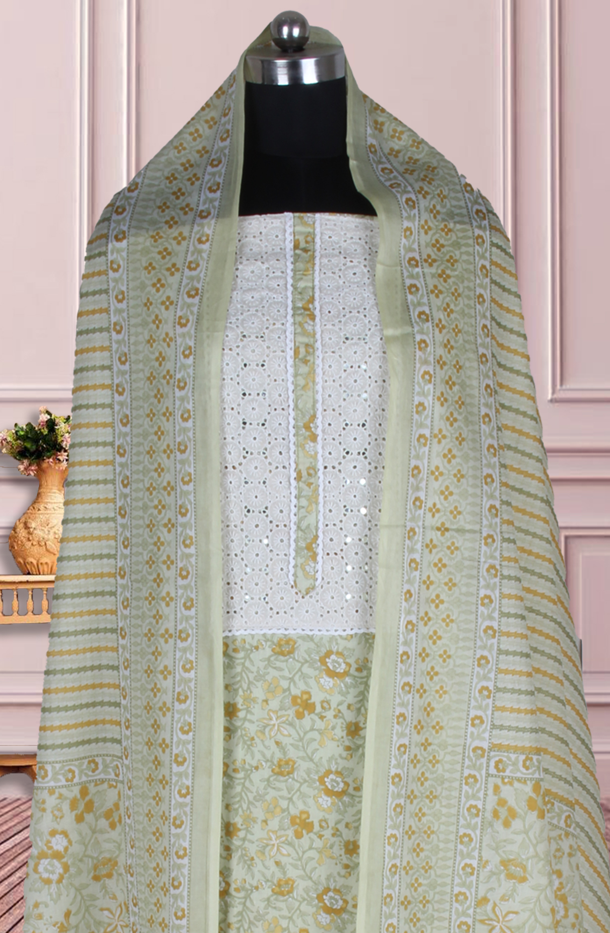 Green Cotton Printed Salwar Suit Fabric with Dupatta - 983-5026C