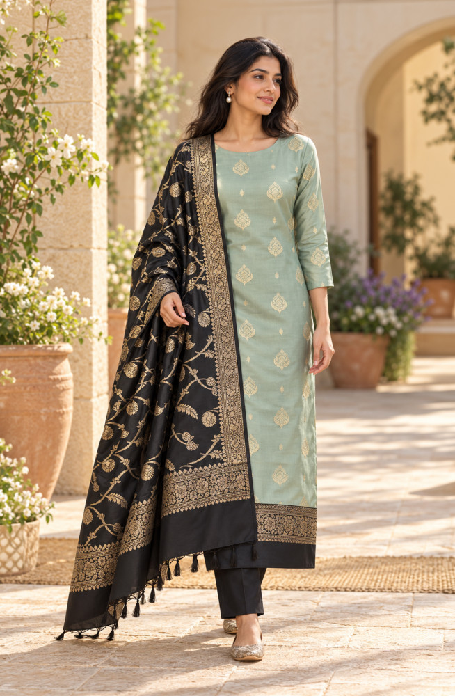 Image of Sea Green Chanderi Silk Unstitched Suit-Set with Beautiful Dupatta - SVACHN1314-2B