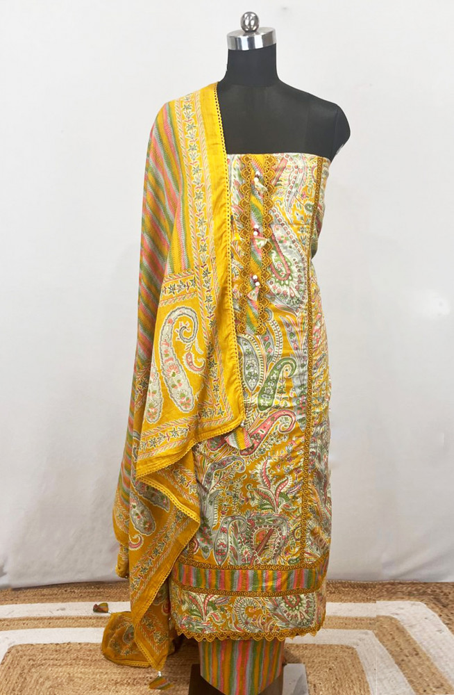 Image of Yellow Printed Cotton Unstitched Suit Set with Dupatta - 131-KE1510A