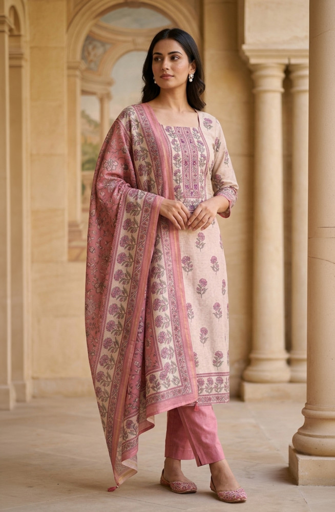 Image of Pink Cotton Suit Set with Beautiful Dupatta - 1020-4895C