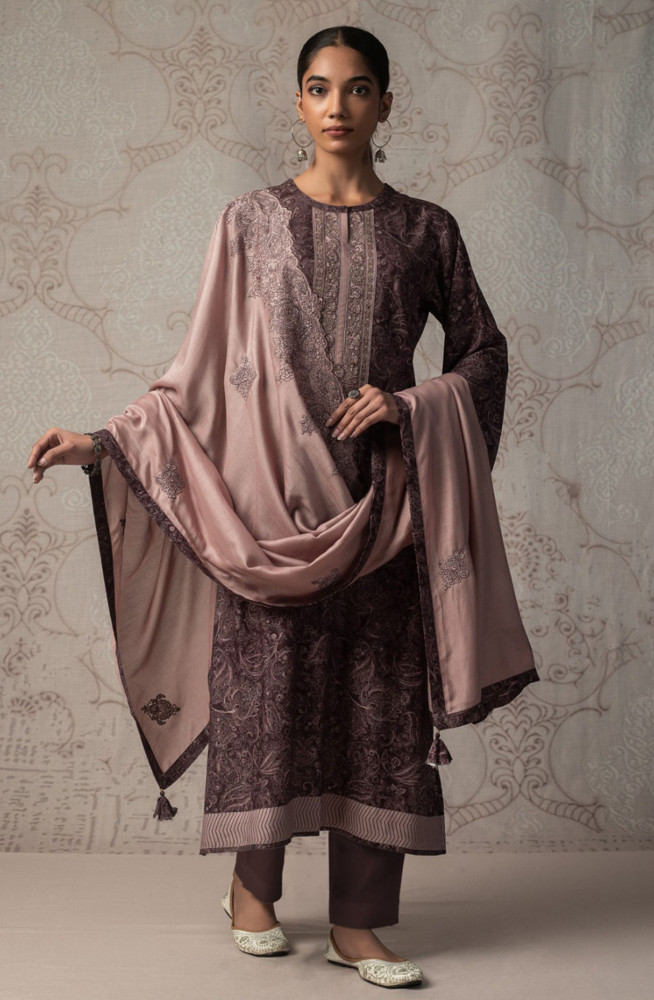 Image of Brown Pashmina Suit Set with Pashmina Dupatta - R157-SPR2482B