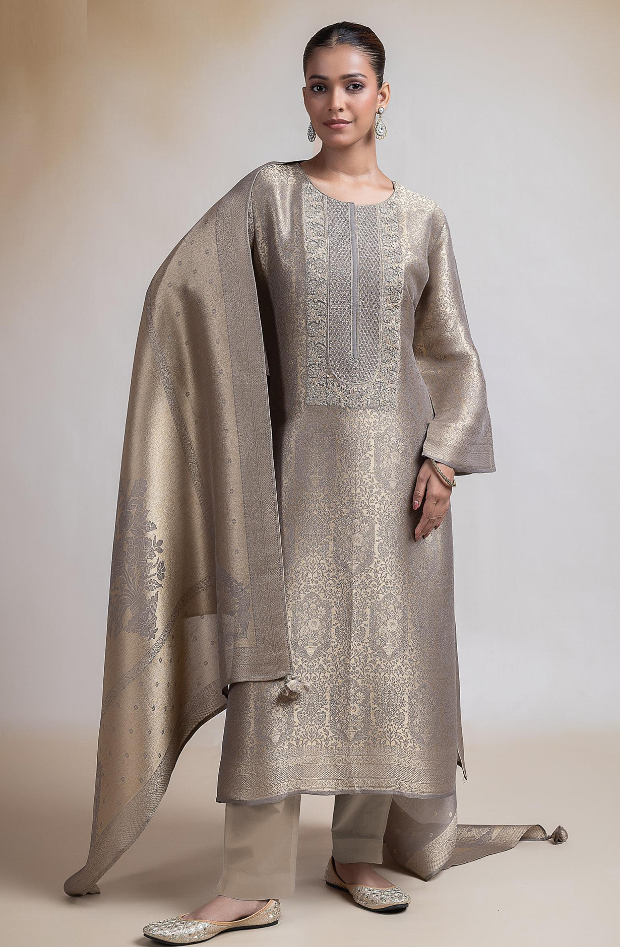 Gold Tissue Silk Jacquard Suit Set with Beautiful Dupatta - R157-SPR2387A