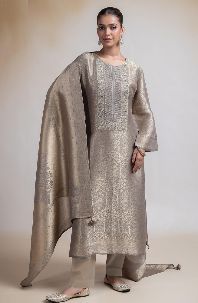 Image of Gold Tissue Silk Jacquard Suit Set with Beautiful Dupatta - R157-SPR2387A