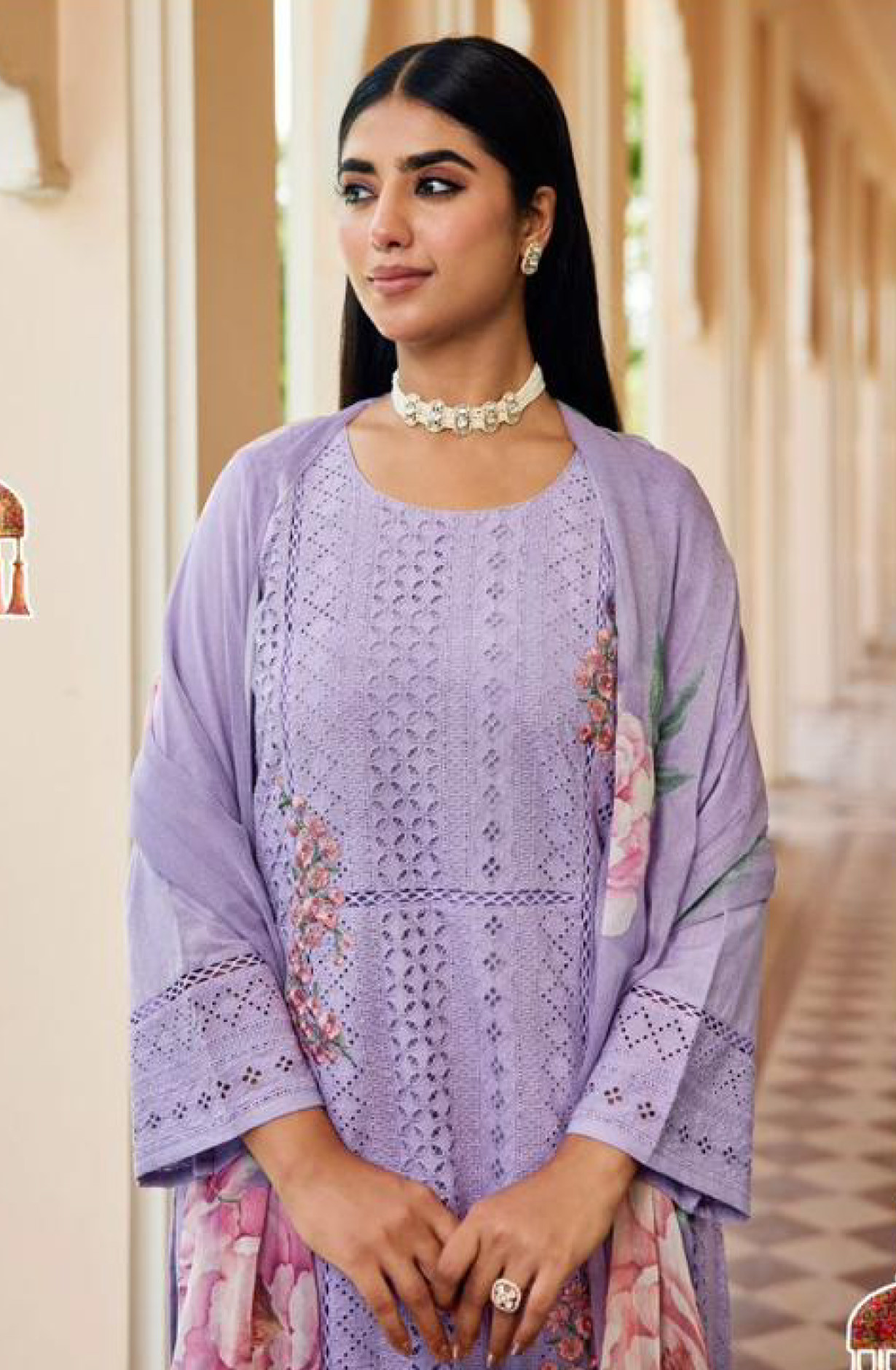 Purple Pure Cambric Cotton Suit Set with Dupatta- SHA15901