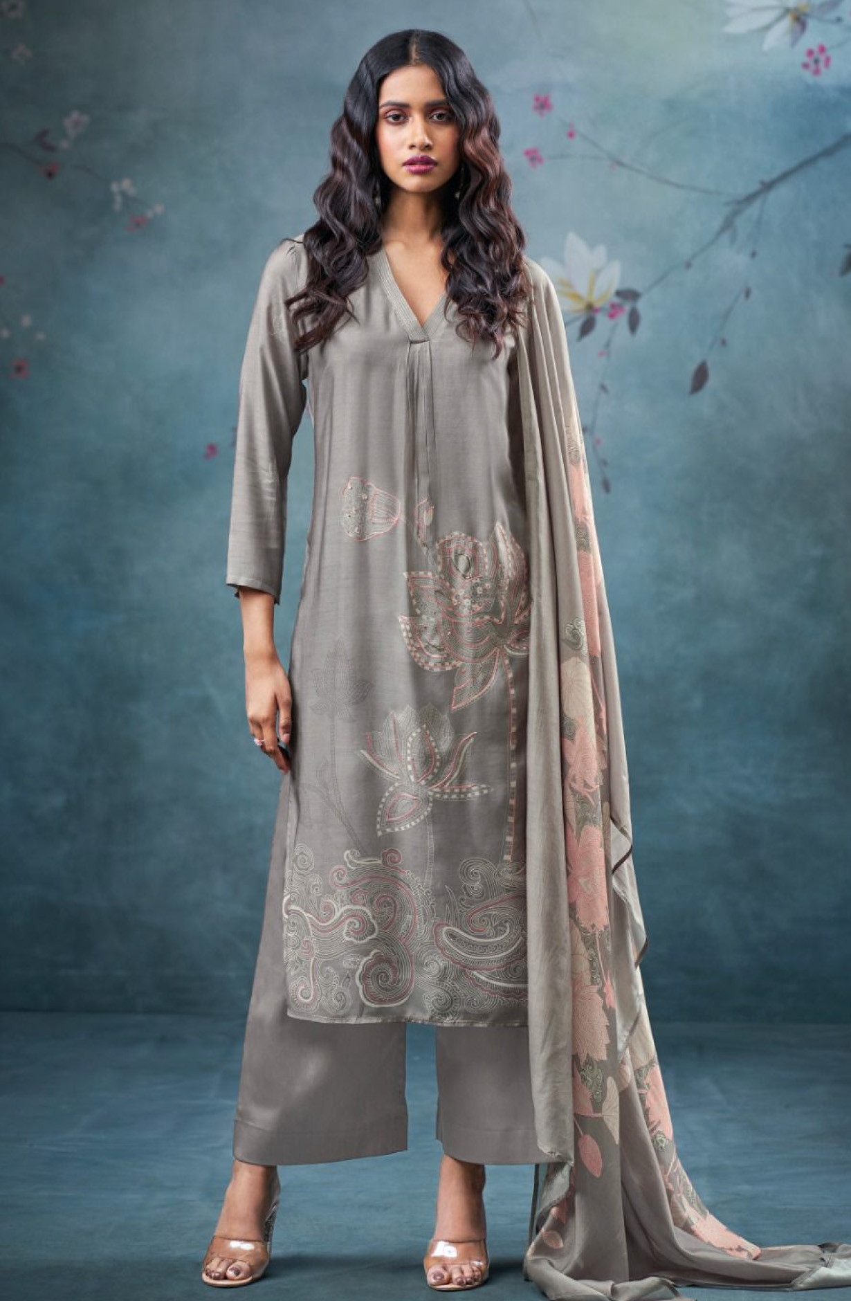 Grey Pure bemberg silk Suit Set with Dupatta- QIR3665A