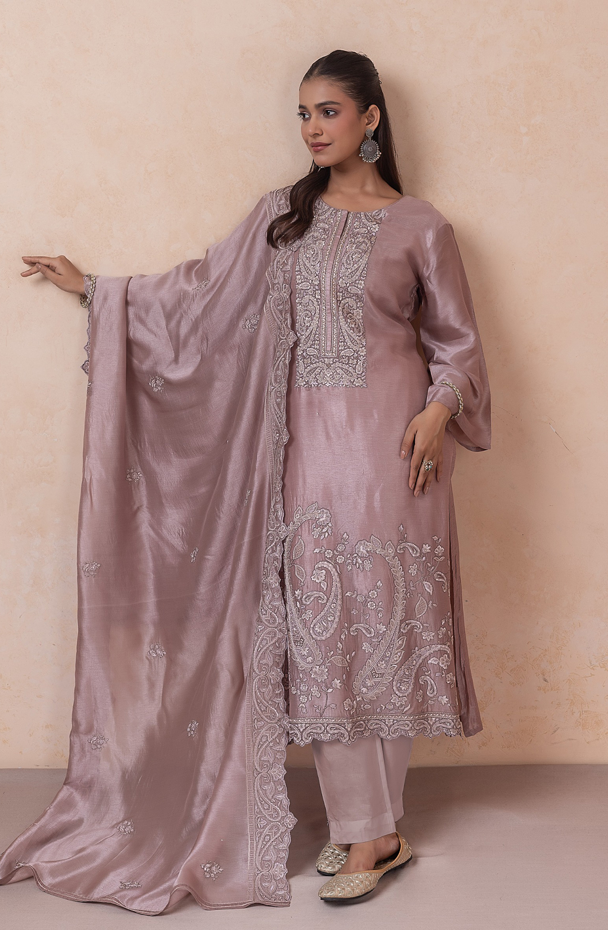 Peach Embroidered Silk Unstitched Suit Set with Dupatta - R157-SPR2778