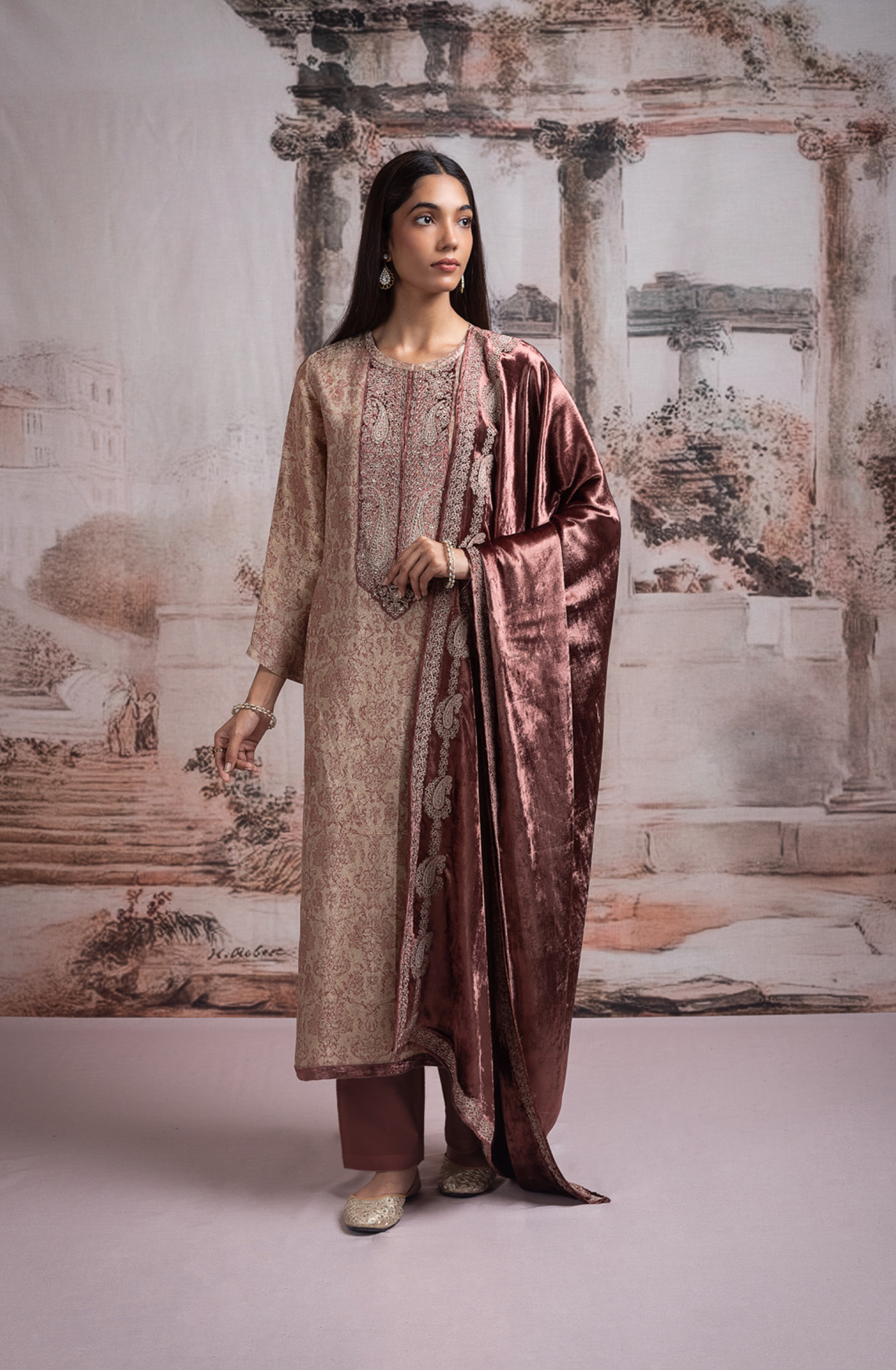 Wine Pashmina Suit set with Pashmina Dupatta - YOR2065B