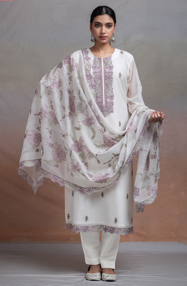 Image of Cream Pure mul chanderi beautiful Suit Set with Dupatta - R157-SPR2647A