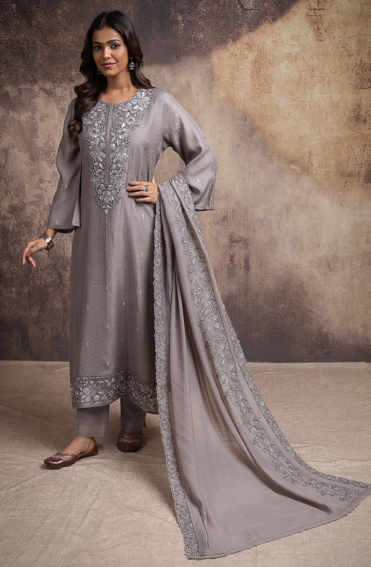 Grey Chanderi silk jacquard beautiful Suit Set with Dupatta - R157-SPR2698