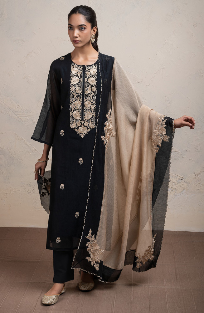 Image of Black Pure mul chanderi embroidered Suit Set with Dupatta - R157-SPR2704A