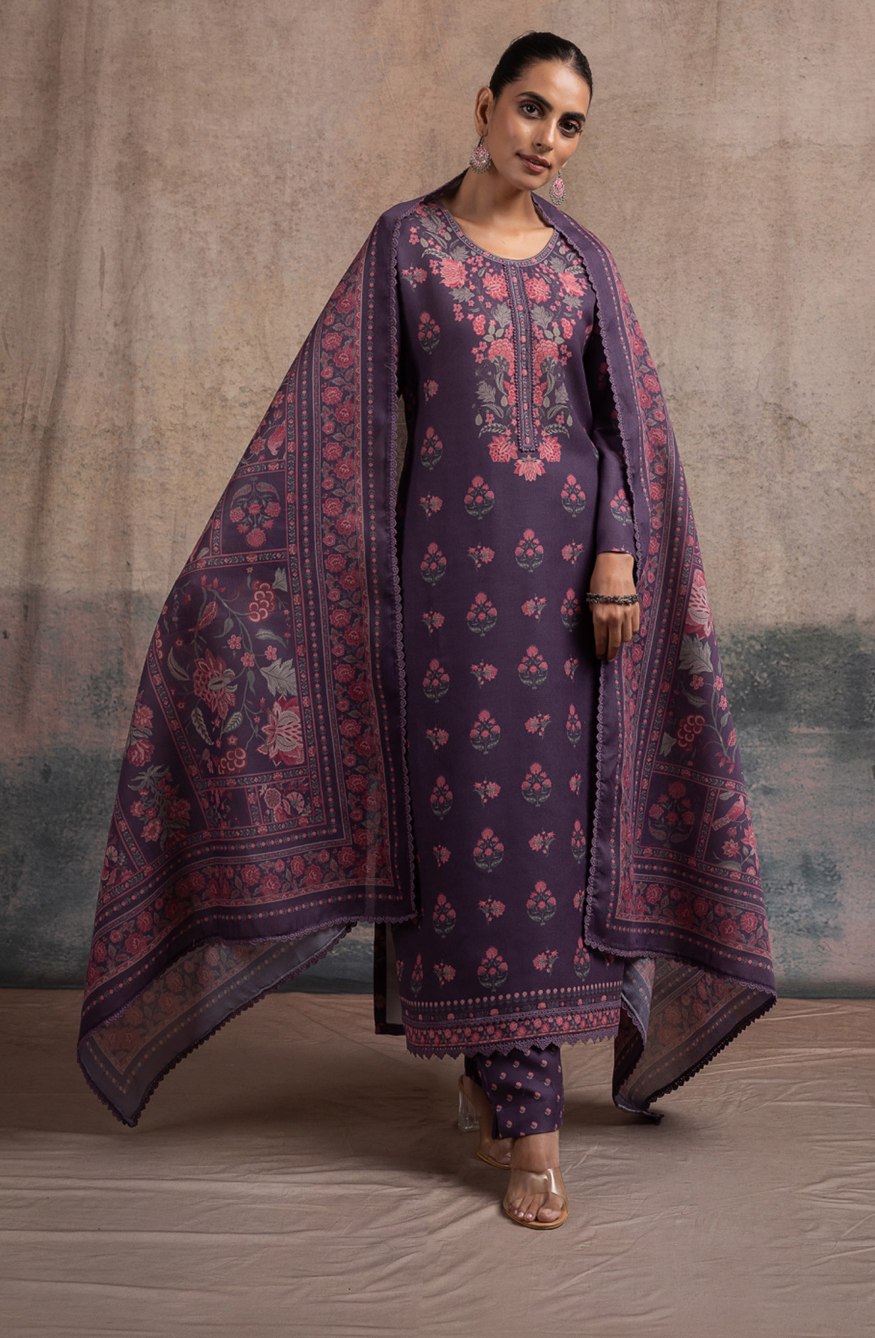 Purple Pashmina Suit set with Pashmina Dupatta- SUF2136A