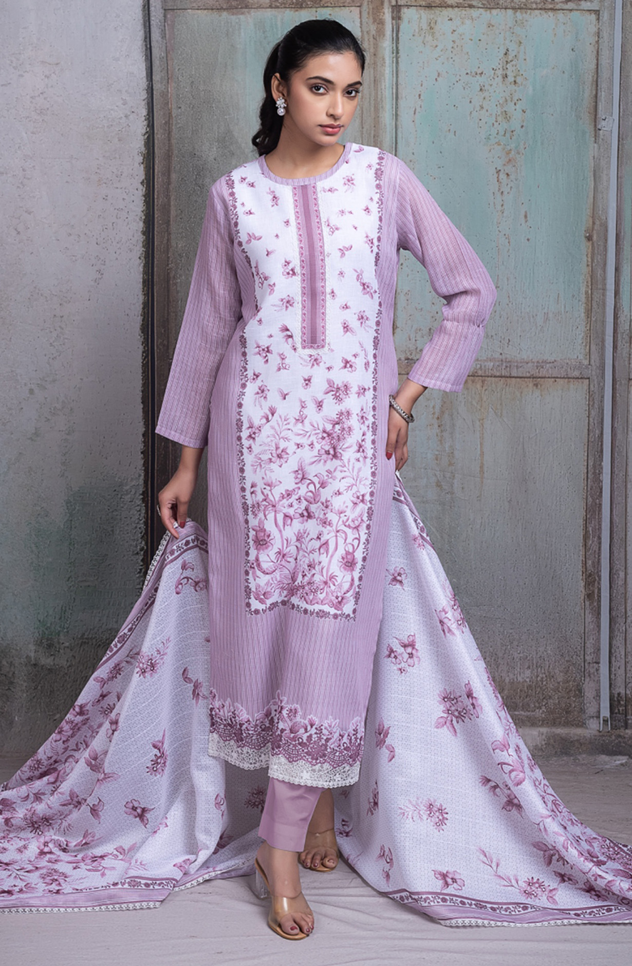 Mauve Linen Digital Printed Unstitched Suit Set with Dupatta - AMRNSP105B
