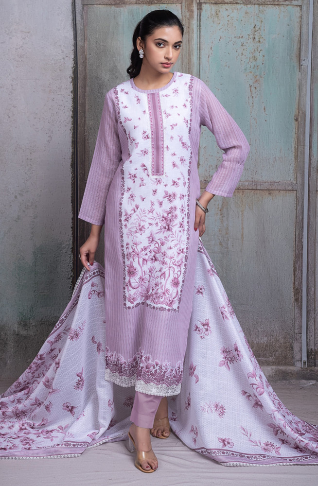 Image of Mauve Linen Digital Printed Unstitched Suit Set with Dupatta - AMRNSP105B
