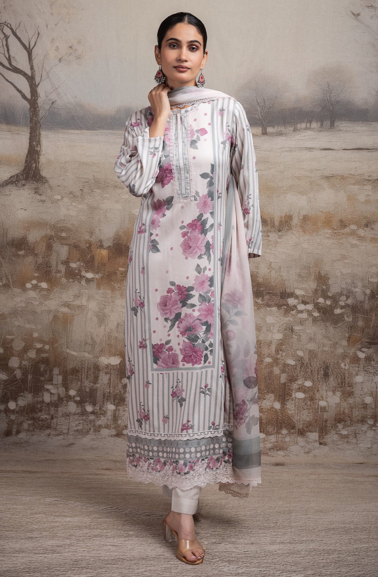 Wine cotton Unstitched Suit Set with Dupatta - RISNT117C