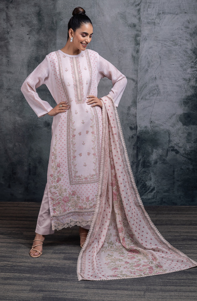 Image of Pink Linen Digital Printed Unstitched Suit Set with Dupatta - RUANSP115C