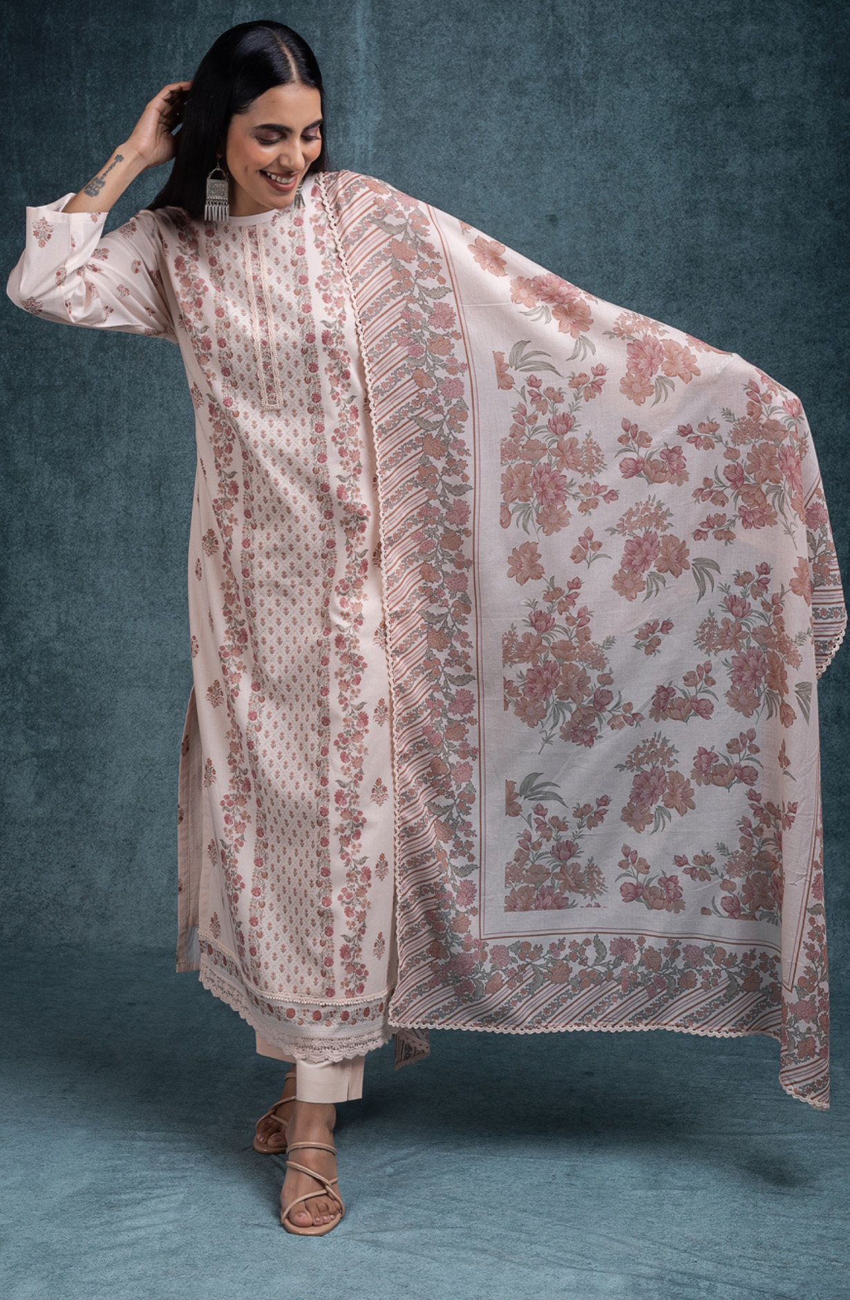 Peach Pure cotton lawn Unstitched Suit Set with Dupatta - SANNT185B
