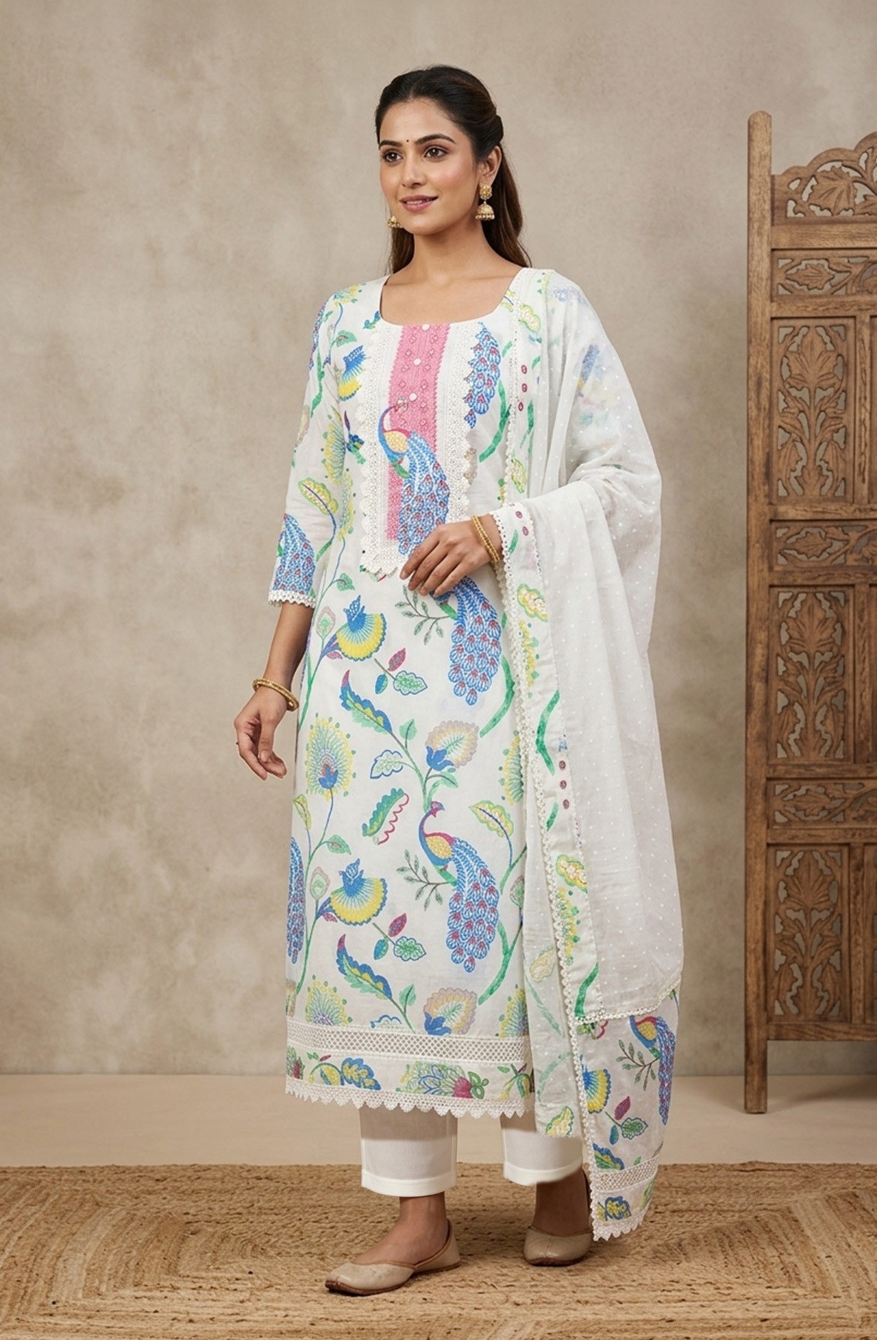 Off-White Mul Cotton Unstitched Suit Set with Beautiful Dupatta - 984-FMSBC20579