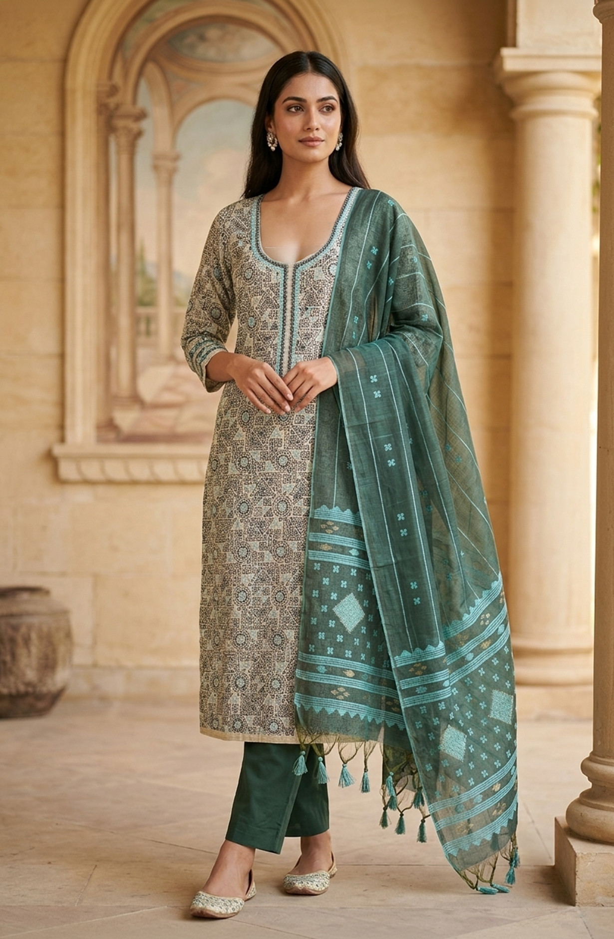Green Chanderi Unstitched Suit Set with Beautiful Dupatta - 986-KFS90