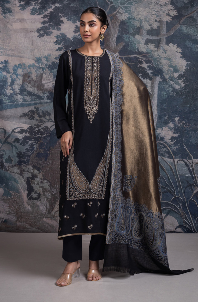 Image of Black Pure Pashmina Suit set with Dupatta- KASH2146B