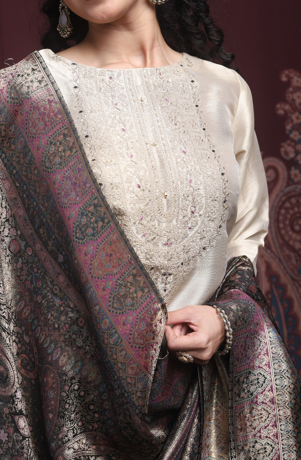Beige Premium Silk Unstitched Suit Set with Beautiful Dupatta - 131-NAR2602
