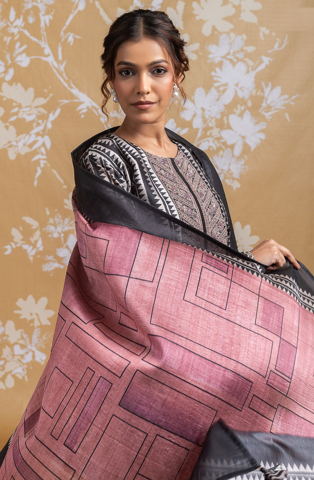 Black Silk Embroidered Suit set with Dupatta - R157-SPR2588A