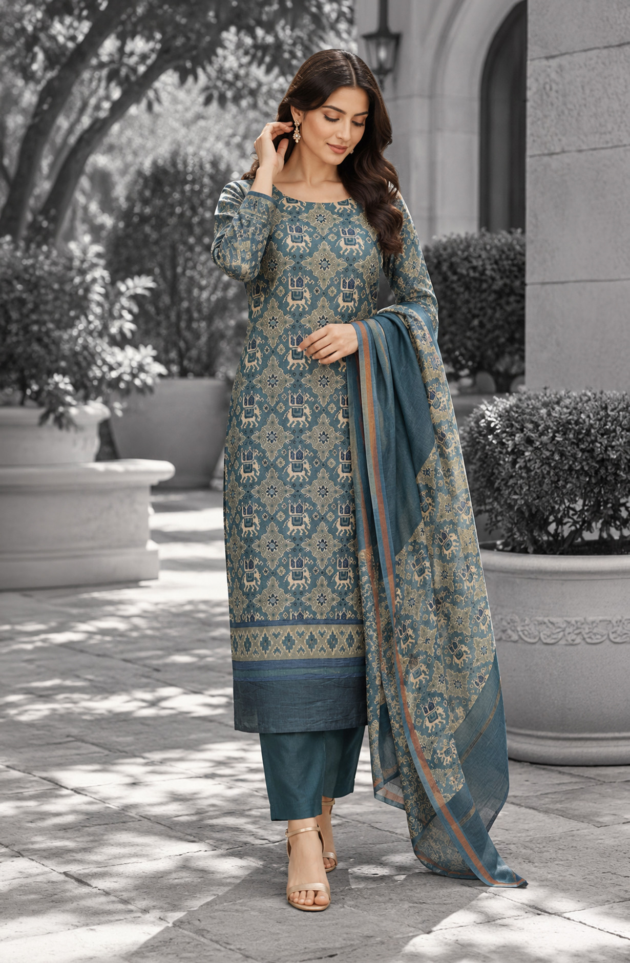 Blue Maheshwari Unstitched Suit-Set with Dupatta - 811-S151-445-164B