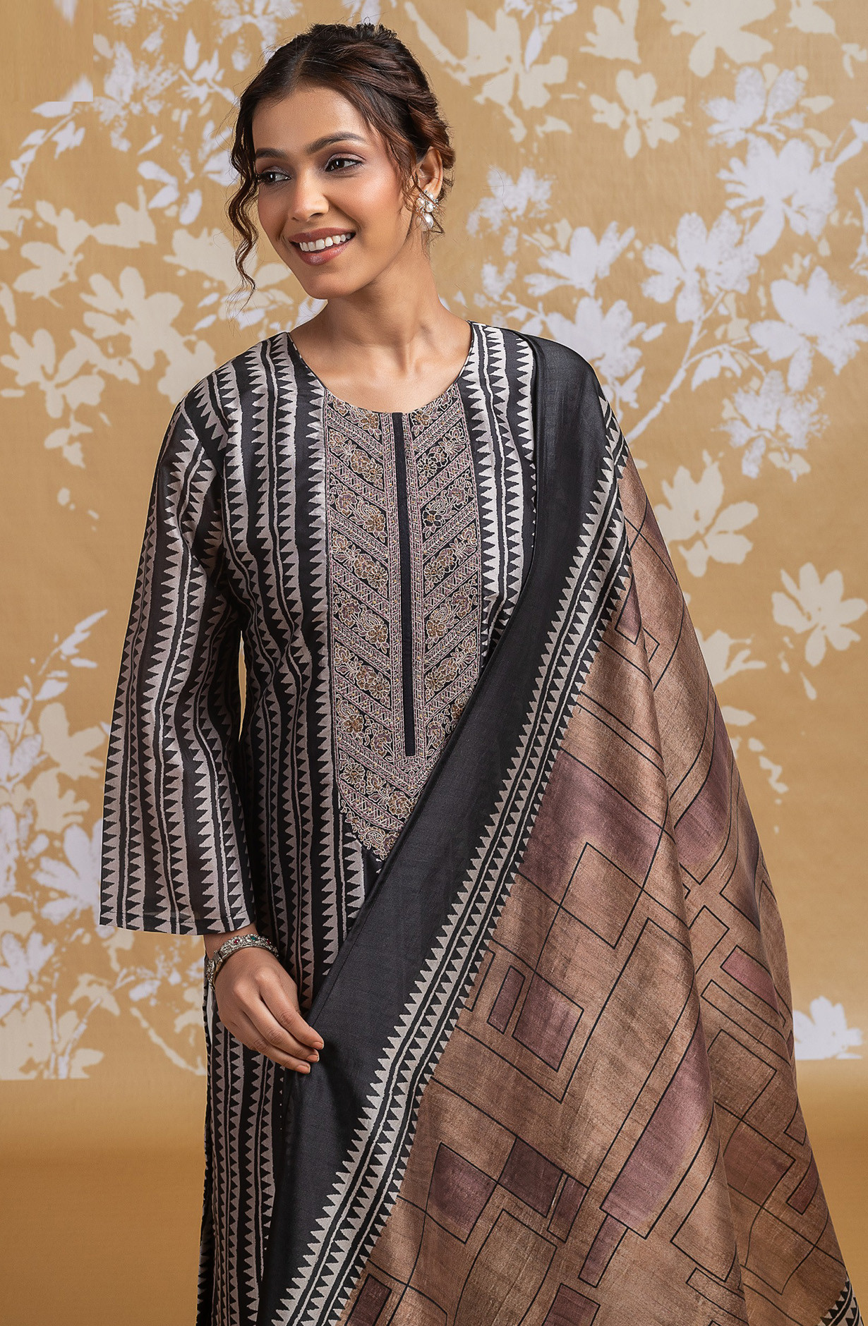 Brown Silk Embroidered Suit set with Dupatta - R157-SPR2588