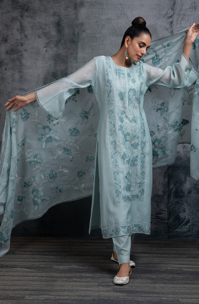 Image of Green Pure mul chanderi embroidered Suit Set with Dupatta - R157-SPR2672
