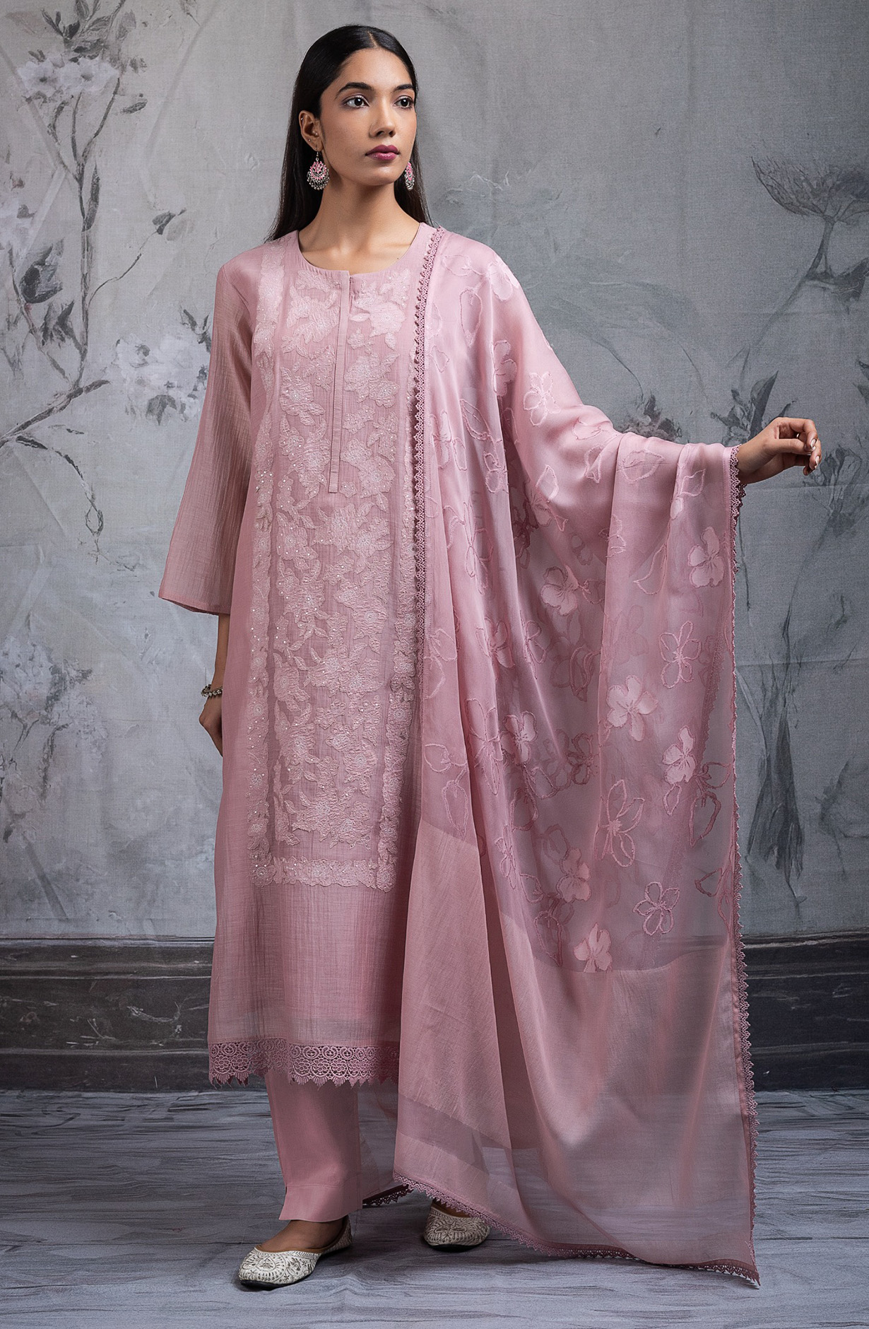 Peach Pure mul chanderi embroidered Suit Set with Dupatta - R157-SPR2701