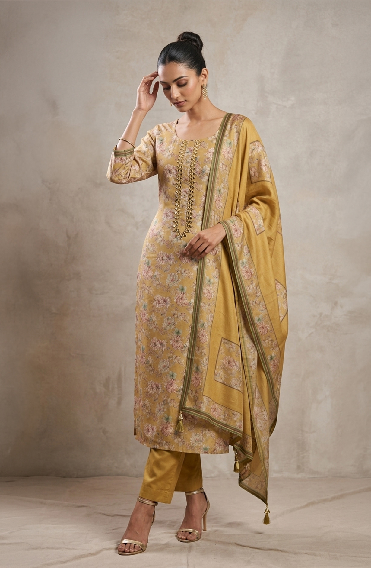 Mustard Muslin Unstitched Suit Set with Dupatta - 944-1788A
