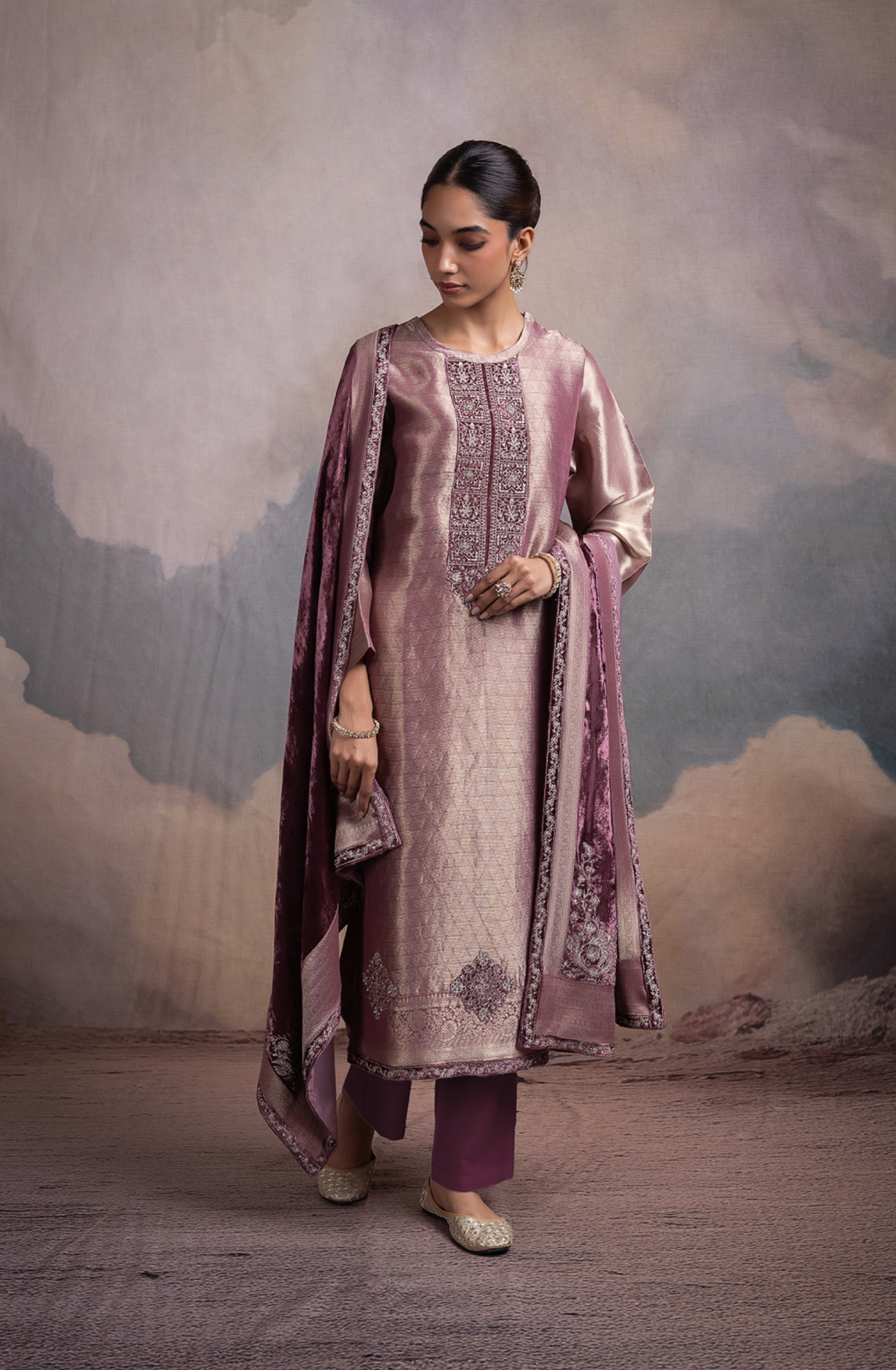 Pink Pure Silk Jacquard Suit Set with Velvet Dupatta - KAN2124A