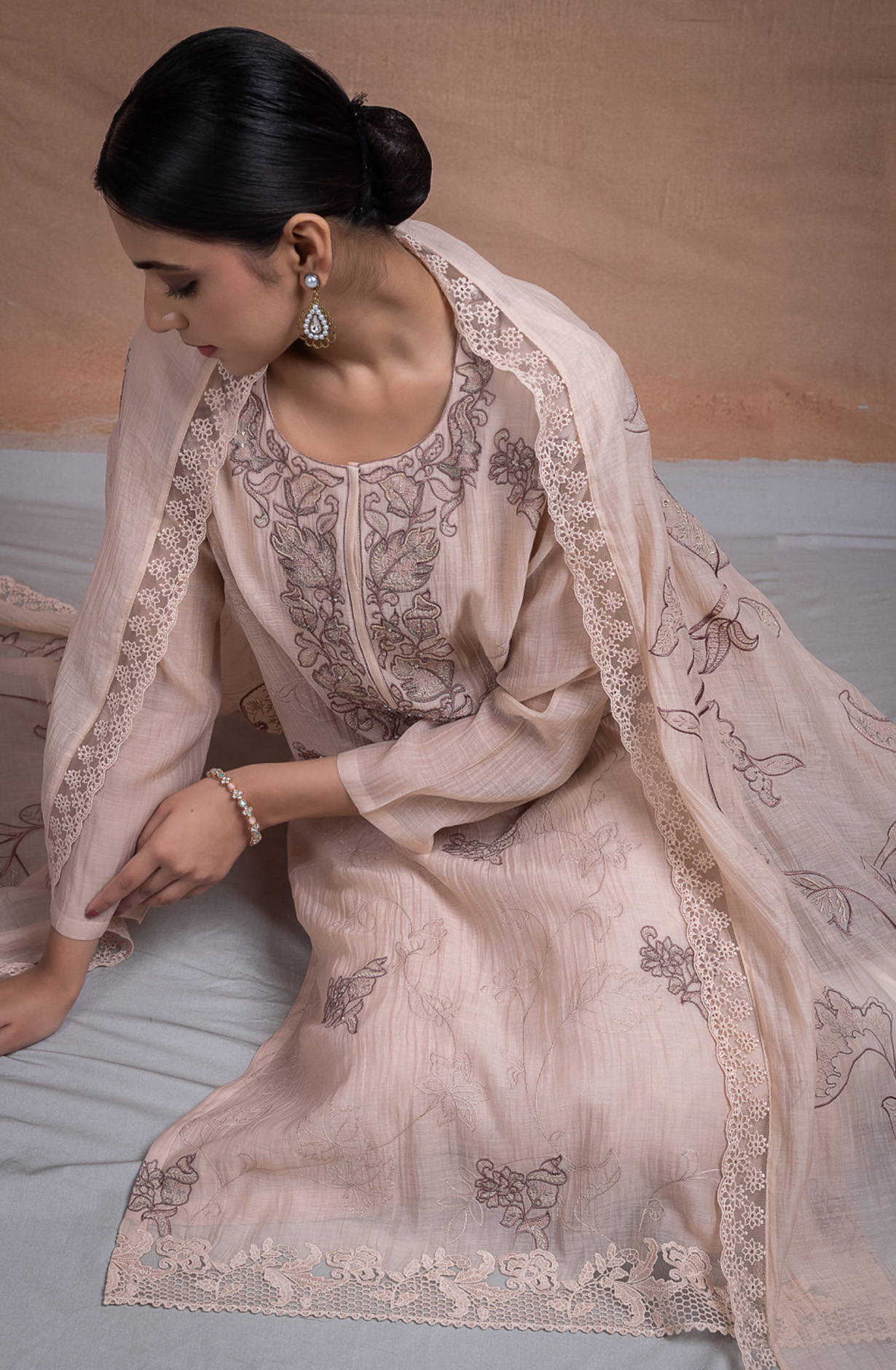 Beige Pure banarasi mul chanderi Suit Set with Dupatta - TOPNSP157A