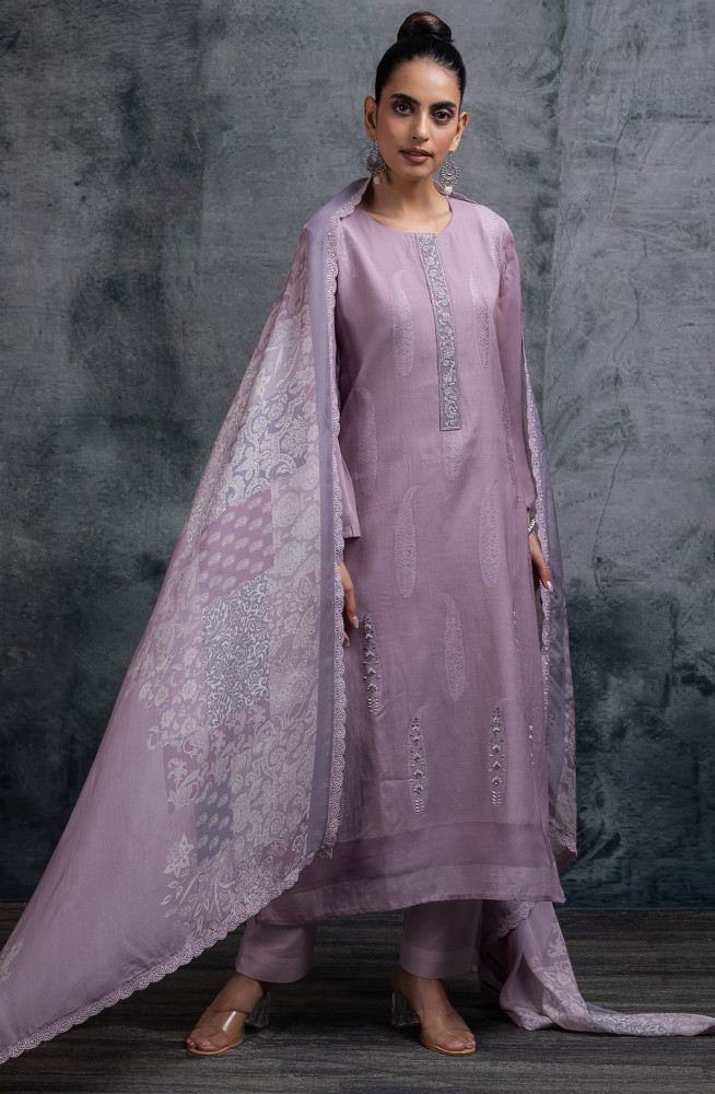 Image of Purple Mul Chanderi Jacquard  embroidered Suit Set with Dupatta - R157-SPR2661