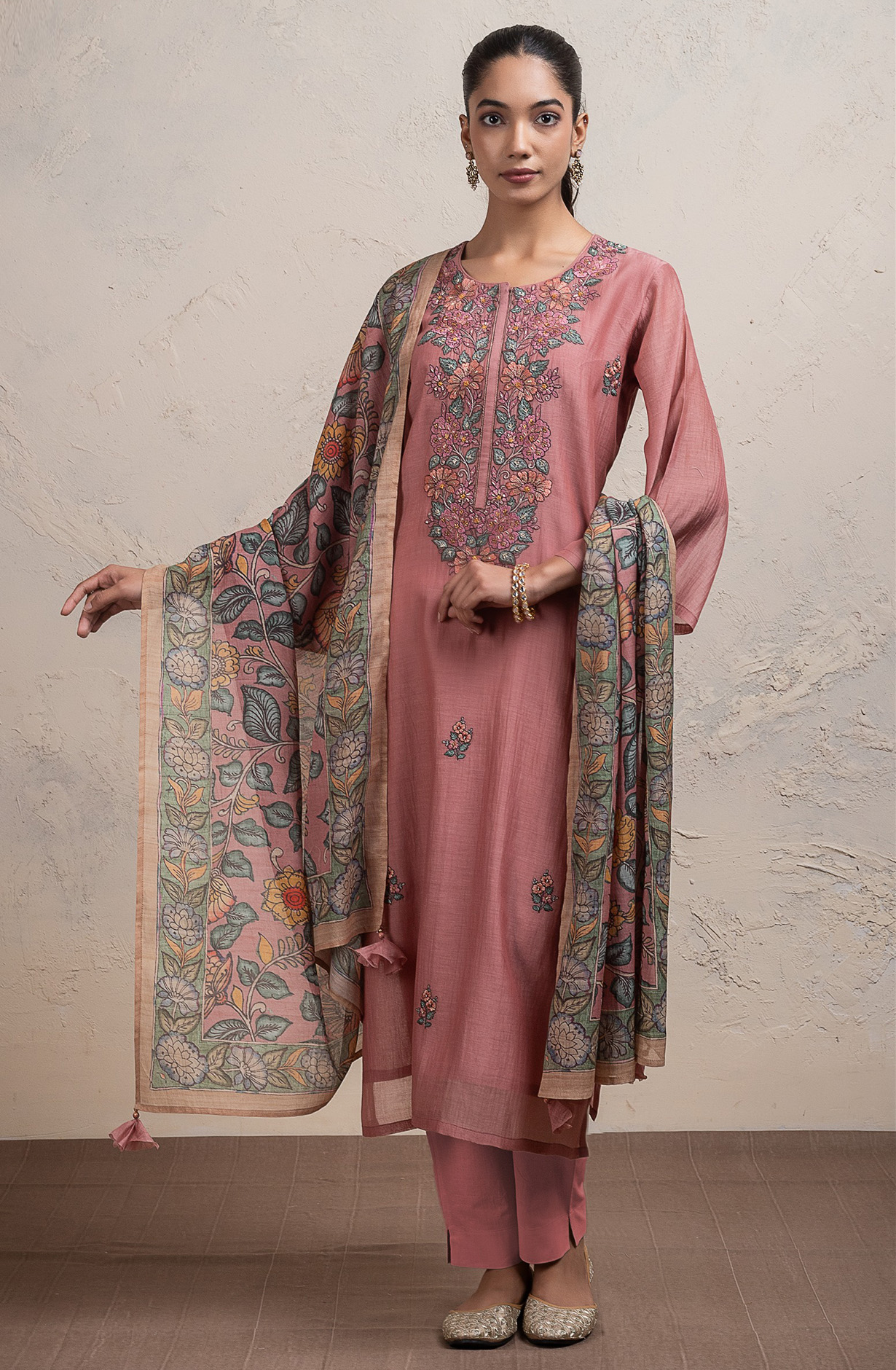Peach Mul Chanderi embroidered Suit Set with Dupatta - R157-SPR2709A