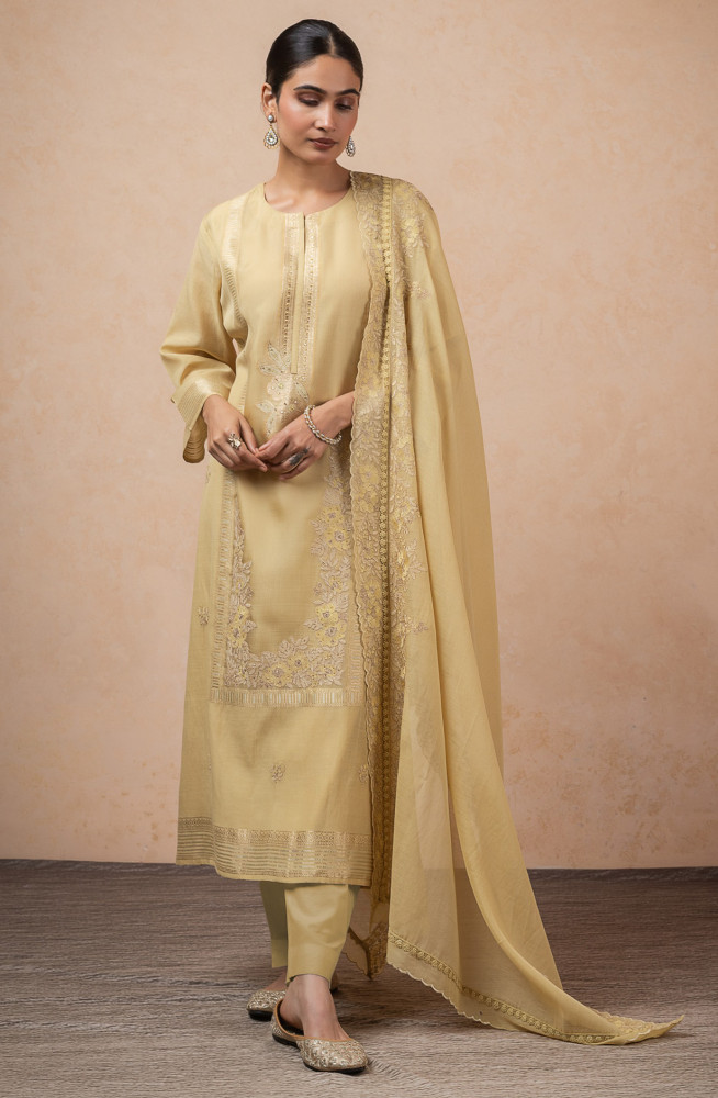 Image of Pista Mul Chanderi Beautiful embroidered Suit Set with Dupatta - R157-SPR2626A