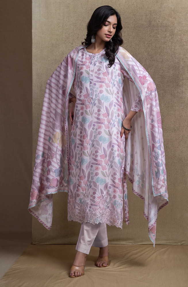 Image of Pink Pure Muslin Unstitched Beautiful Suit Set with Dupatta - KALNT151B