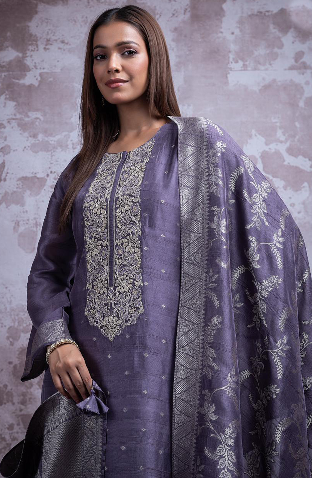 Purple silk Jacquard Suit Set with Dupatta - R157-SPR2355B
