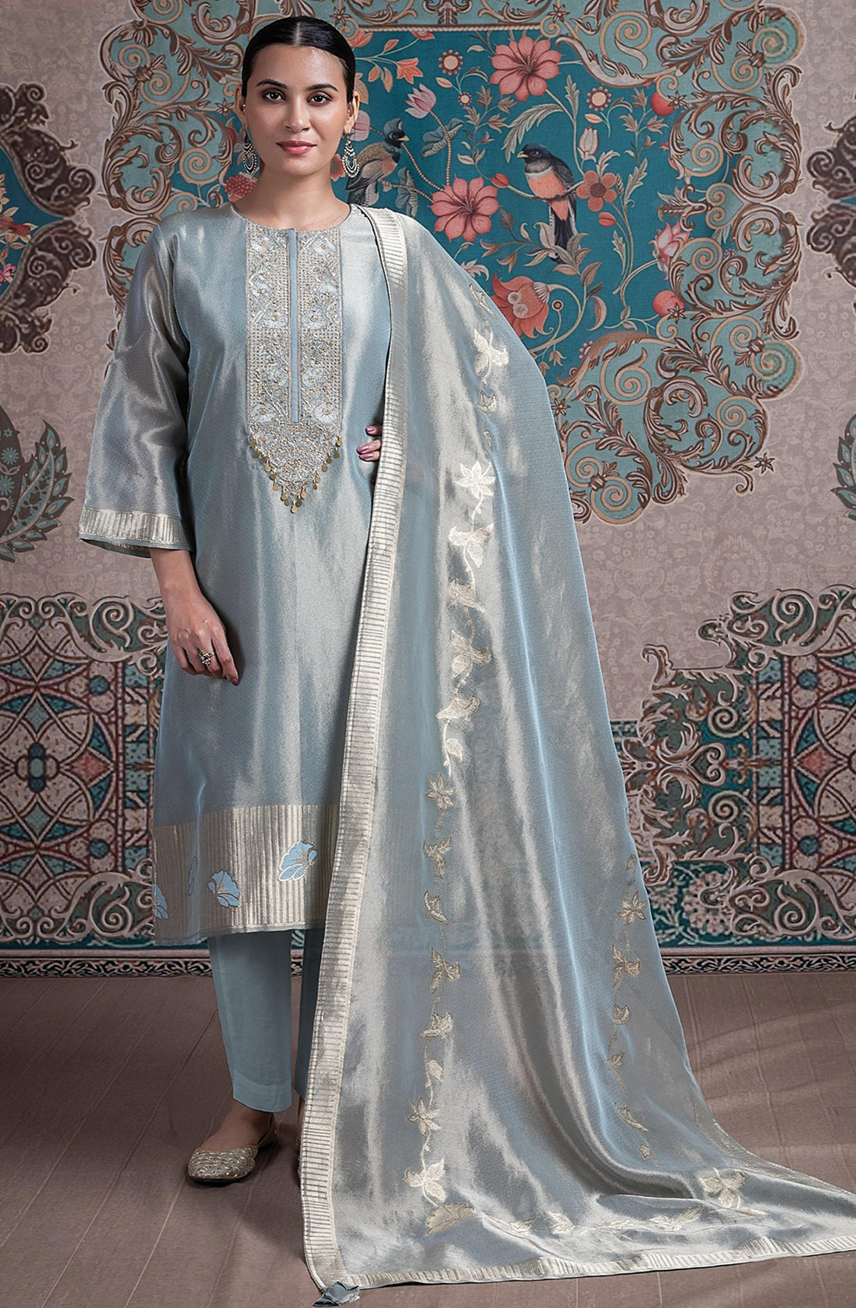 Grey silk tissue Jacquard Suit Set with Dupatta - R157-SPR2357B