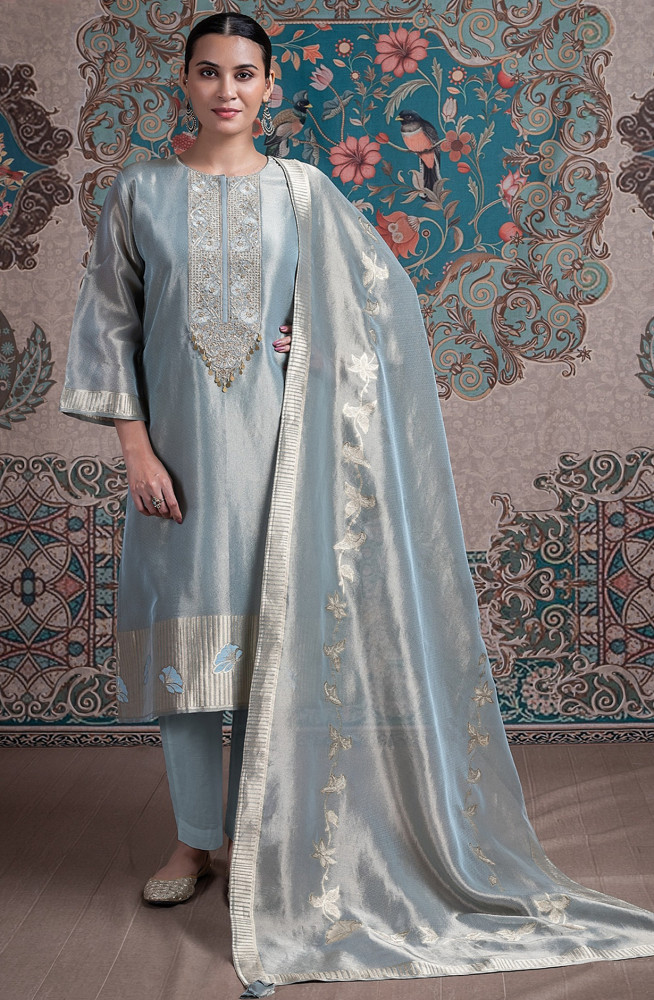 Image of Grey silk tissue Jacquard Suit Set with Dupatta - R157-SPR2357B