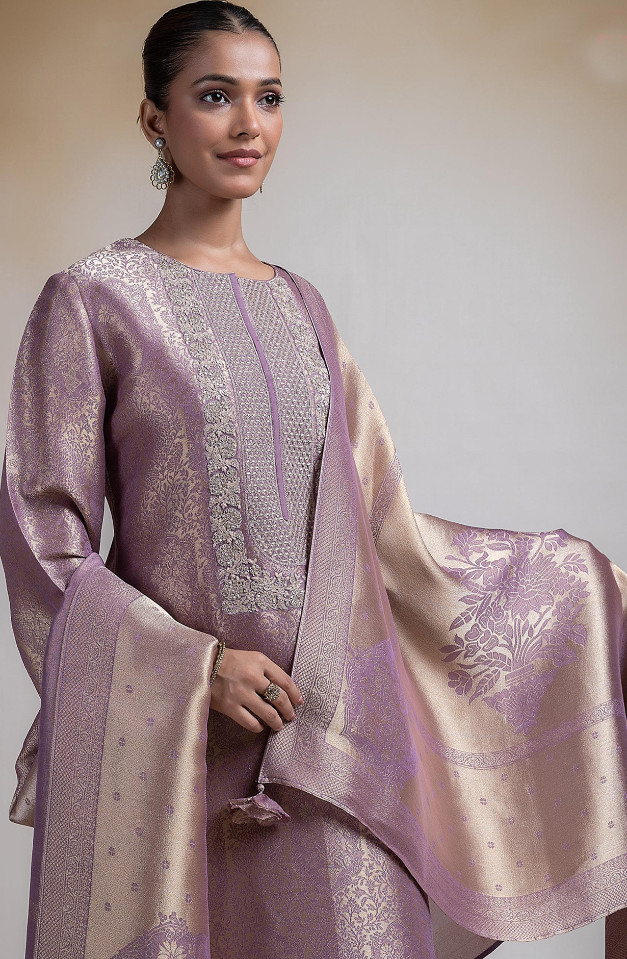 Mauve silk tissue Jacquard Suit Set with Dupatta - R157-SPR2387B