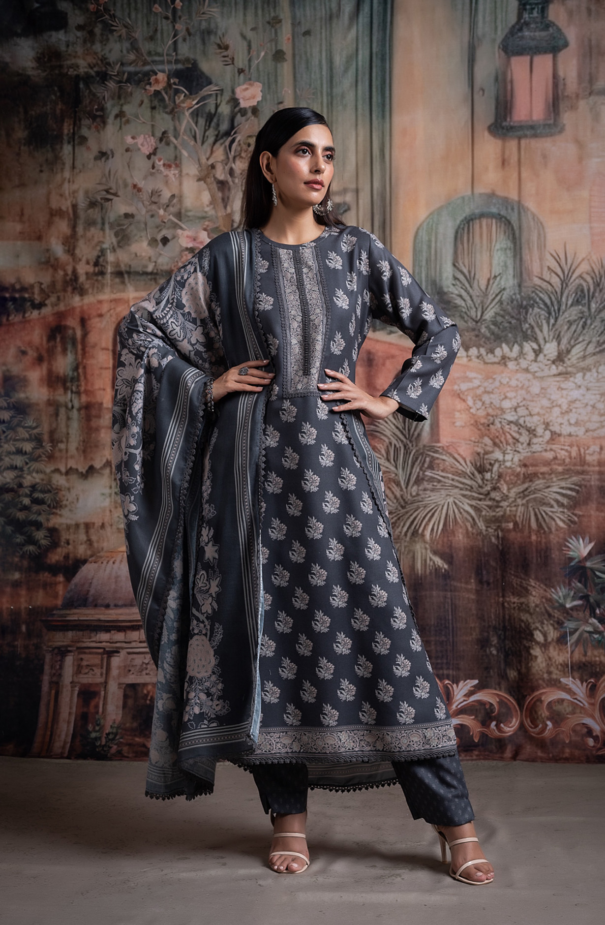 Grey Pashmina Suit set with Pashmina Dupatta - ZIR2094C
