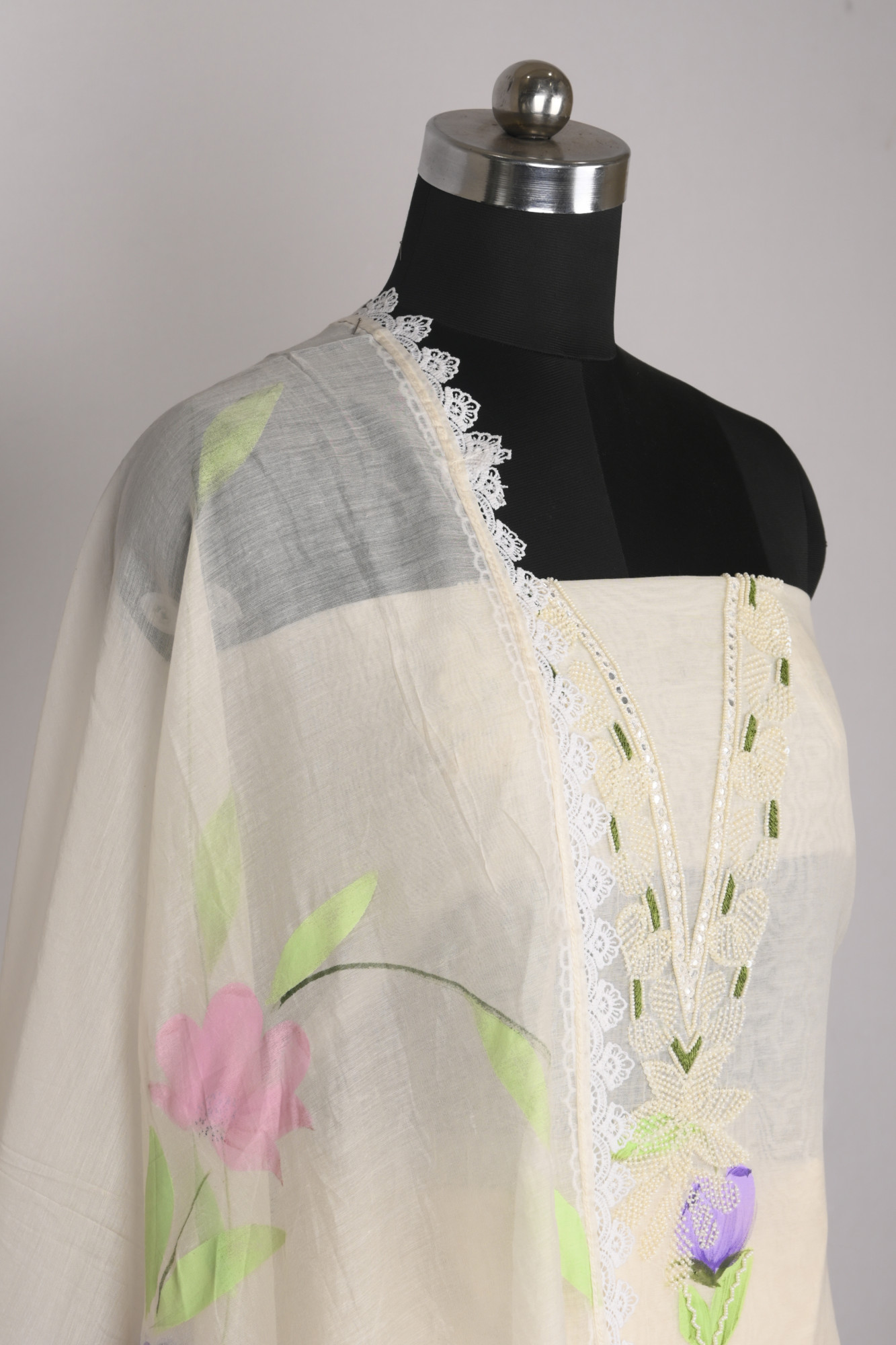 White Mul Cotton Beautiful Suit Set with Dupatta - 1001-AL1022B