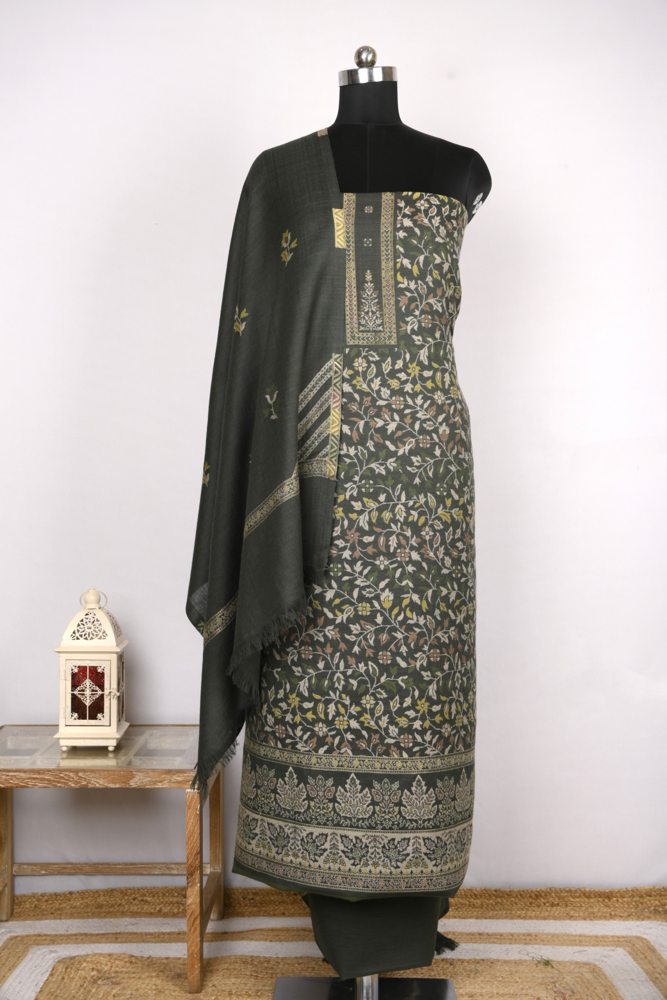 Green Pashmina Suit set with Pashmina Dupatta- PASH1412A