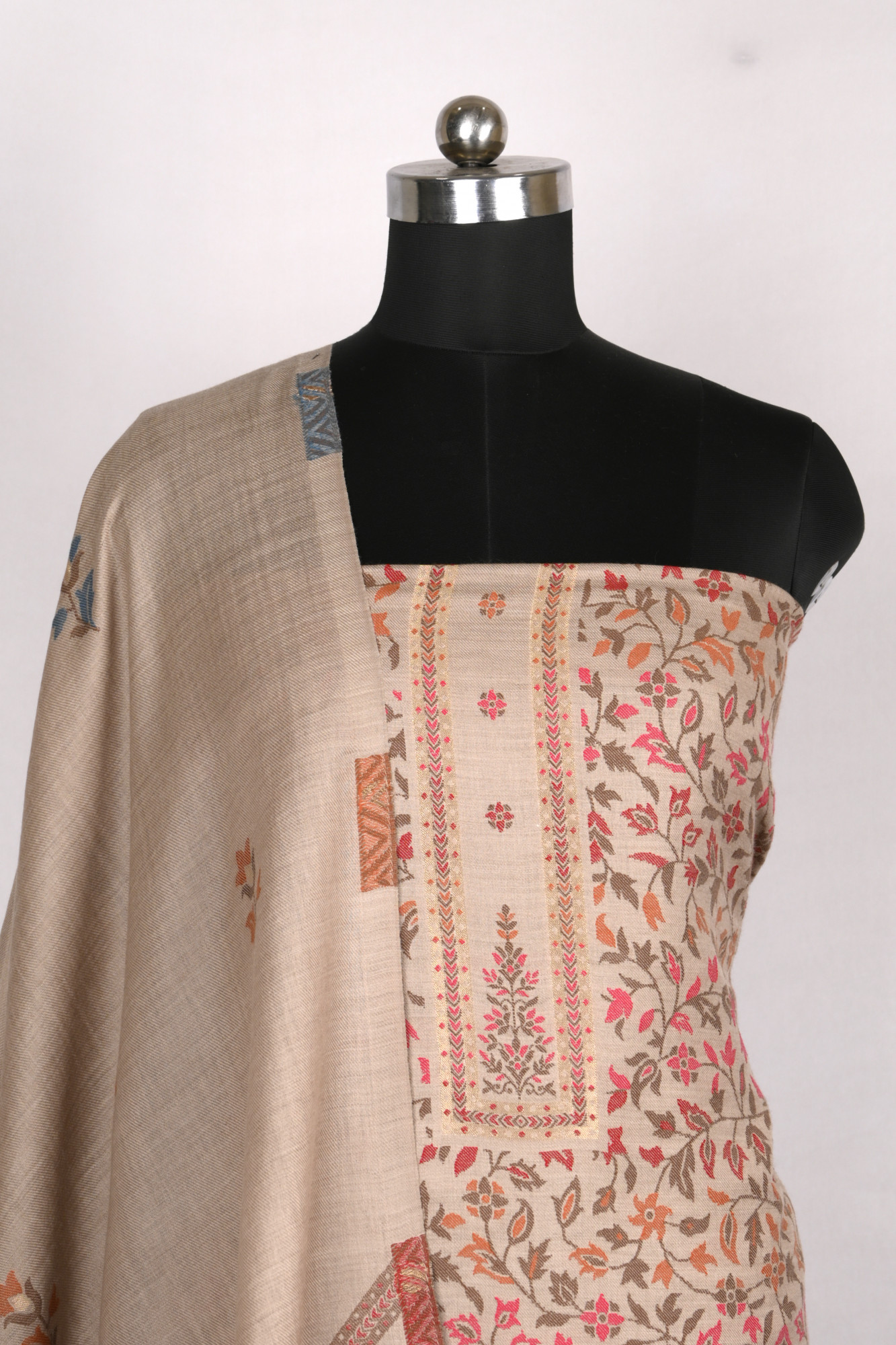 Beige Pashmina Suit set with Pashmina Dupatta- PASH1412C