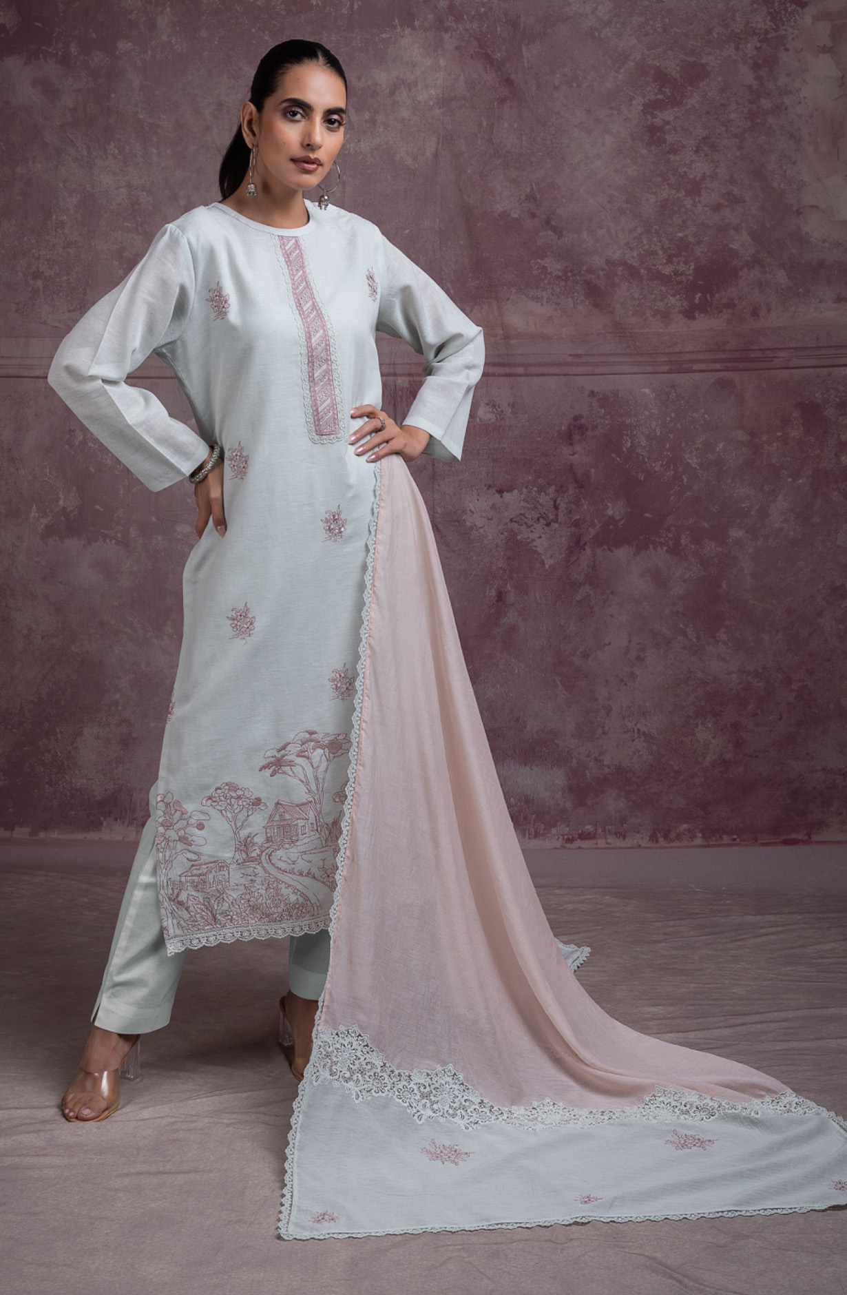 Sea Green pure cotton linen embroidered beautiful Suit Set with Dupatta - ALANT168A