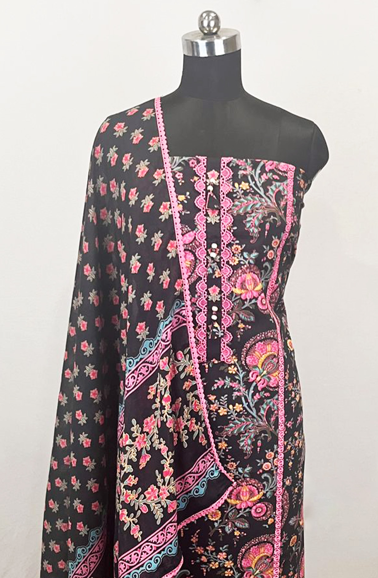 Black Printed Cotton Unstitched Suit Set with Dupatta - 131-KE1076C